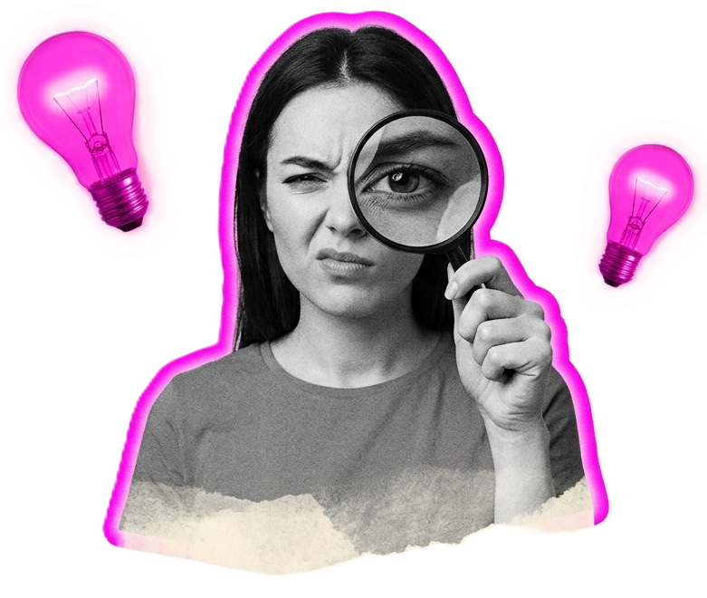 Woman looking through a magnifying glass with lightbulb icons